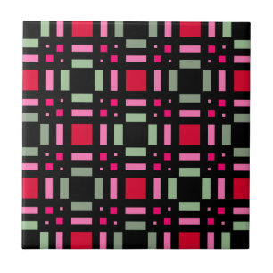Geometric plaid green red black stripes ceramic tile
