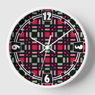 Geometric plaid green red black stripes clock