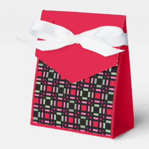 Geometric plaid green red black stripes favor boxes