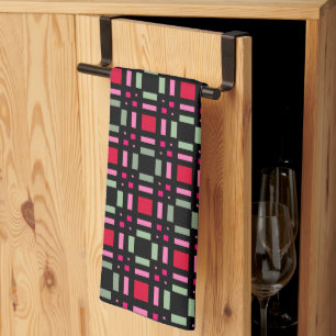 Geometric plaid green red black stripes kitchen towel