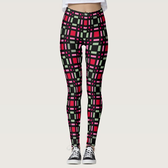 Geometric plaid green red black stripes  leggings (Front)