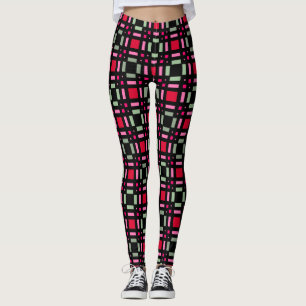 Geometric plaid green red black stripes leggings
