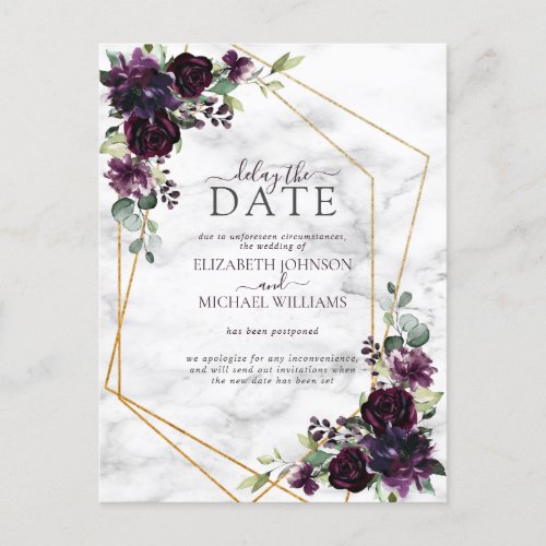 Geometric Plum Purple Marble Delay The Date Announcement Postcard