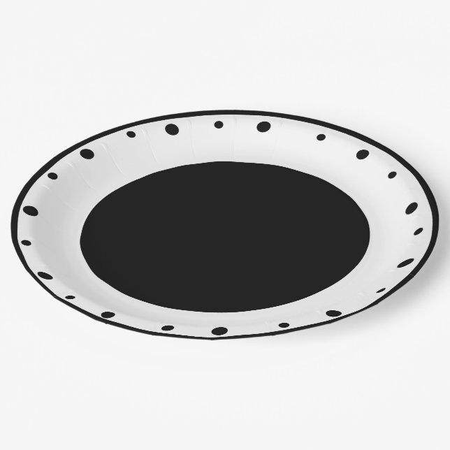 Geometric Polka Dots Black White Paper Plates (Angled)