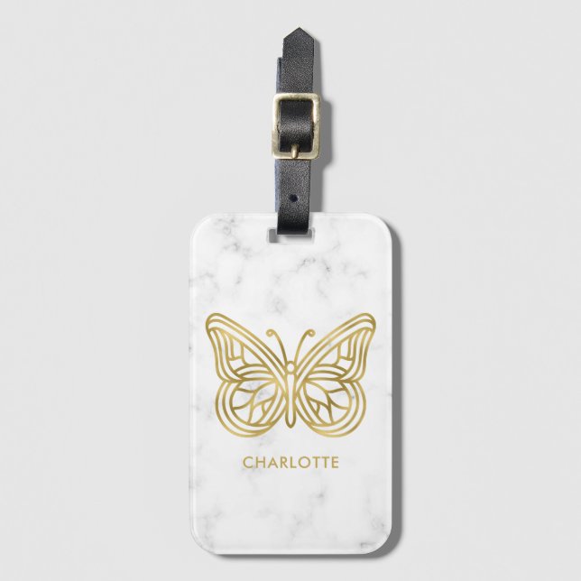 Geometric Printed Gold Butterfly Personalized Luggage Tag (Front Vertical)