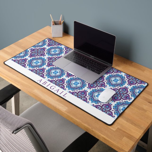 Geometric purple blue Mediterranean tile pattern Desk Mat (Office 2)