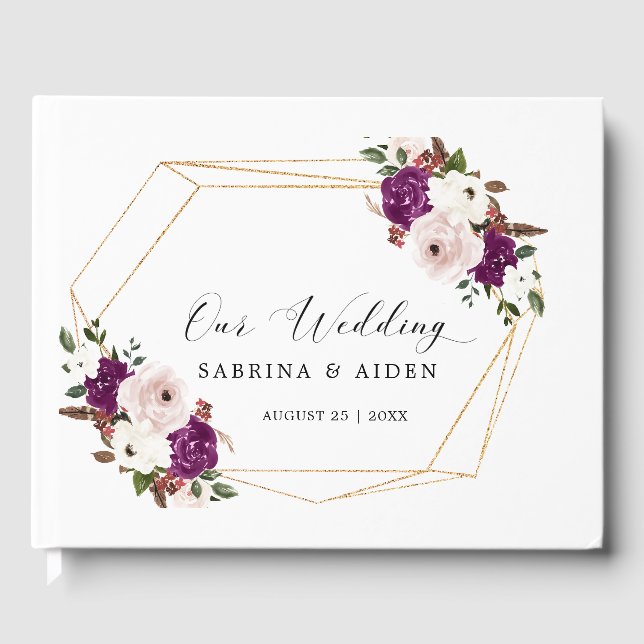 Geometric Purple Blush Pink Floral Wedding Guest Book (Front)