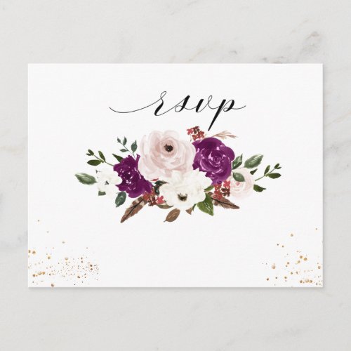 Geometric Purple Blush Pink Floral Wedding RSVP Invitation Postcard