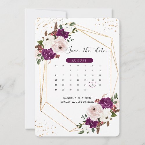 Geometric Purple Blush Pink Floral Wedding  Save The Date