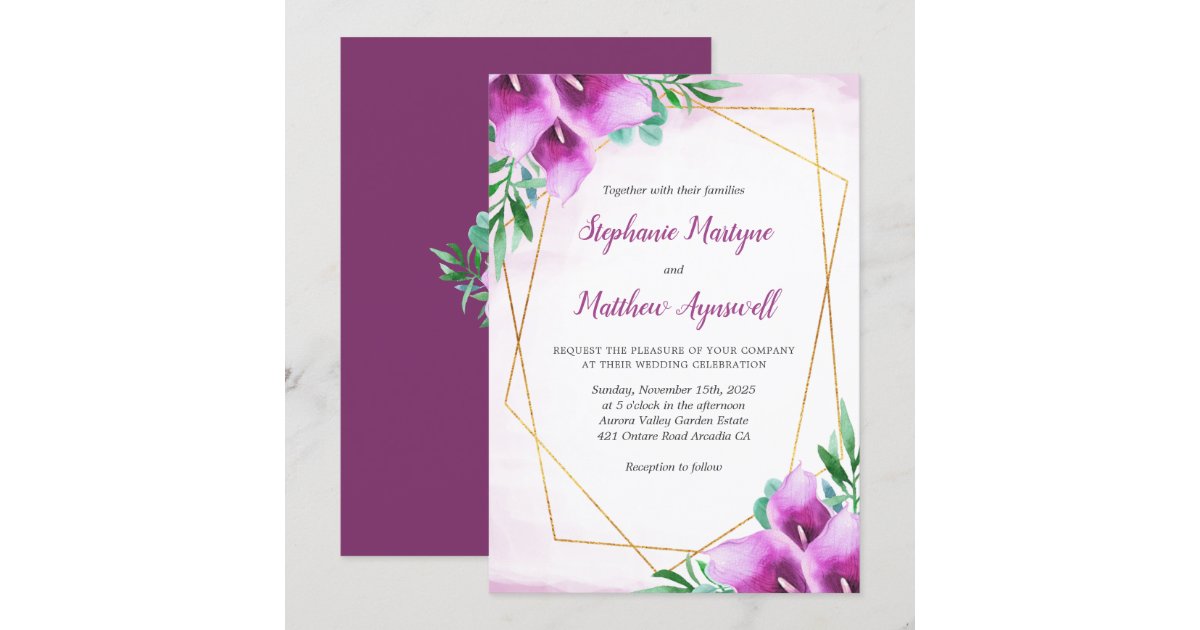 Geometric Purple Calla Lily Floral Wedding Invitation | Zazzle