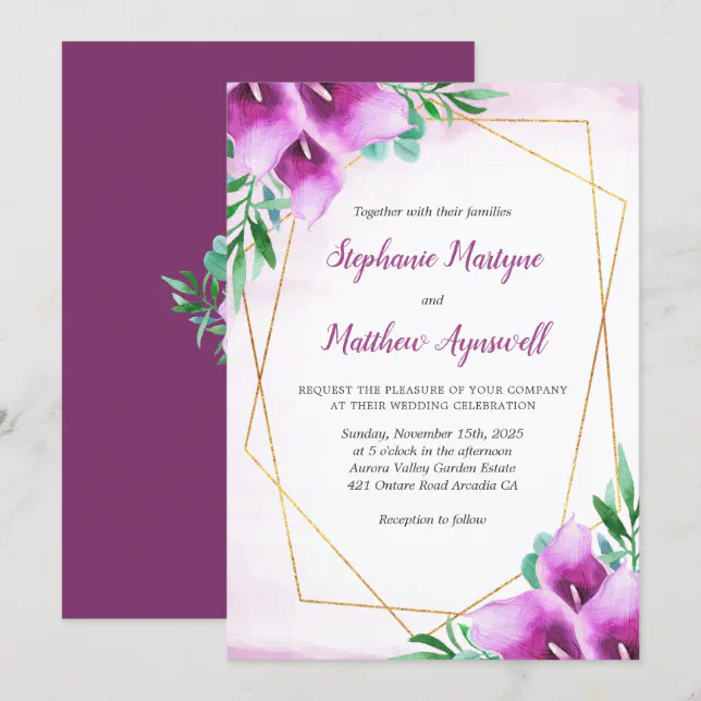Geometric Purple Calla Lily Floral Wedding Invitation | Zazzle