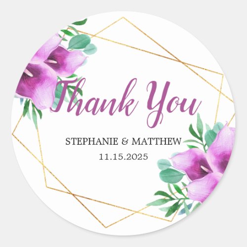 Geometric Purple Calla Lily Thank You Wedding Classic Round Sticker
