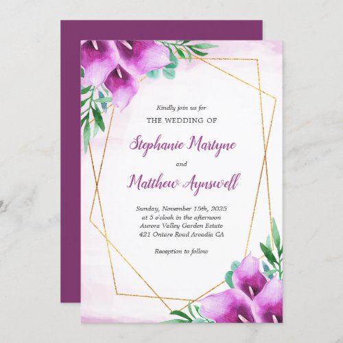 Geometric Purple Calla Lily Watercolor Wedding Invitation