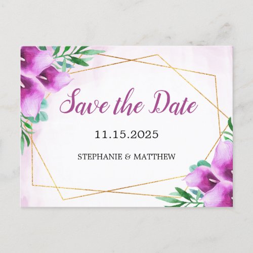 Geometric Purple Calla Lily Wedding Save The Date Announcement Postcard