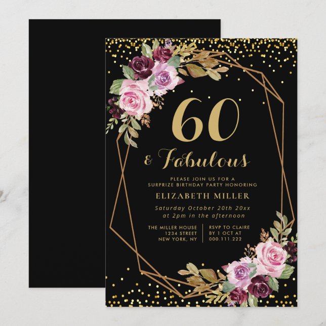 geometric purple floral 60th birthday invitation (Front/Back)