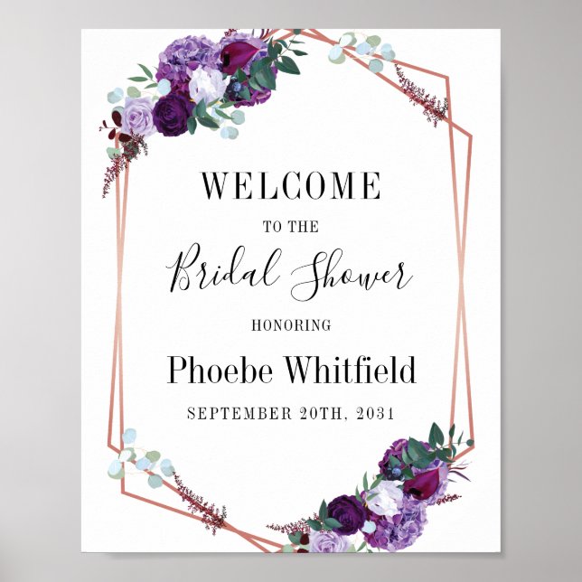 Geometric Purple Floral Bridal Shower Welcome Poster (Front)