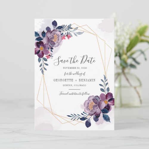 Geometric Purple Floral Script Botanical Wedding S Save The Date