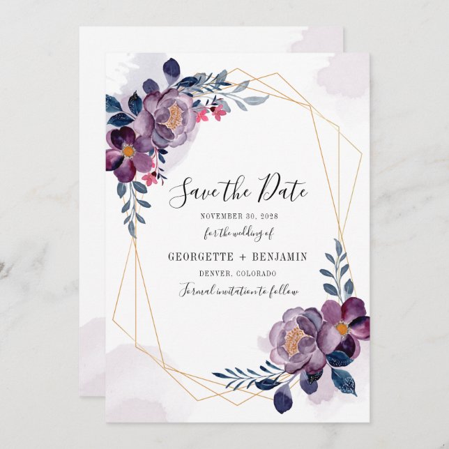 Geometric Purple Floral Script Botanical Wedding Save The Date (Front/Back)