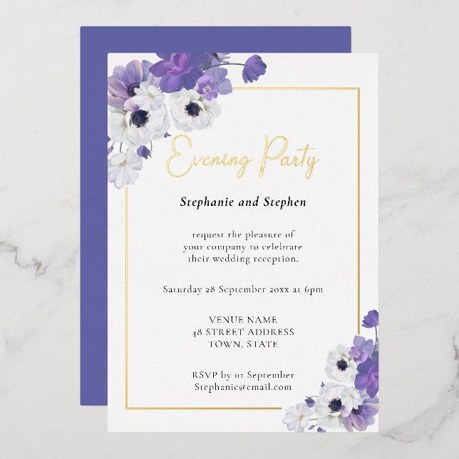 Geometric Purple Floral Wedding Party Foil Invitation (Front/Back)