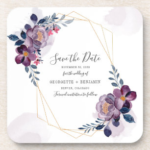 Geometric Purple Floral Wedding Save the Date Beverage Coaster