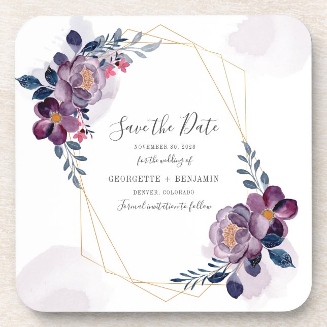 Geometric Purple Floral Wedding Save the Date Beverage Coaster (Front)
