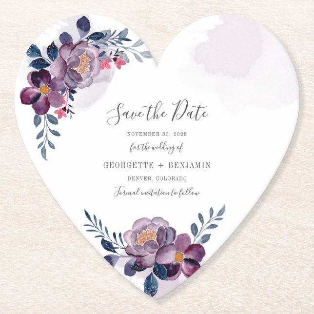 Geometric Purple Floral Wedding Save the Date Paper Coaster (Front)