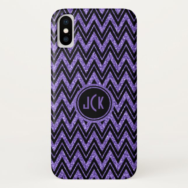 Geometric Purple Glitter & Black Zigzag Chevron Case-Mate iPhone Case (Back)