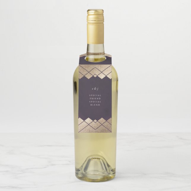 Geometric Purple Gold Gatsby Wedding Bottle Hanger Tag (On Bottle)