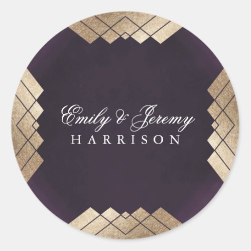 Geometric Purple Gold Gatsby Wedding Classic Round Sticker