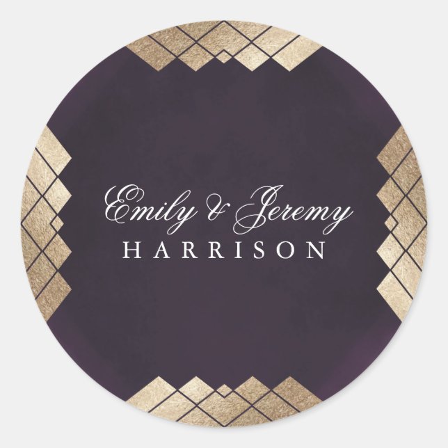 Geometric Purple Gold Gatsby Wedding Classic Round Sticker (Front)