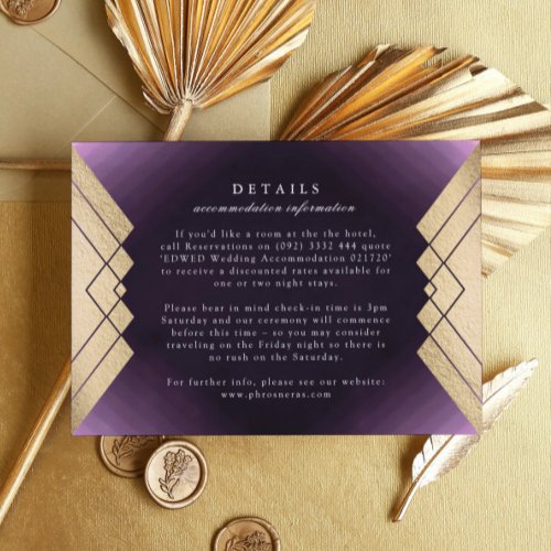 Geometric Purple Gold Gatsby Wedding Details RSVP Card