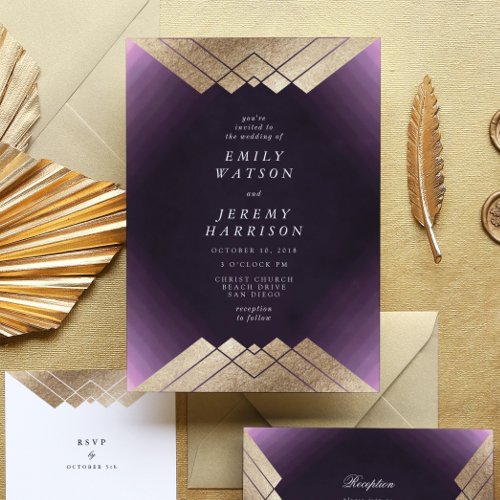 Geometric Purple Gold Gatsby Wedding Invitation