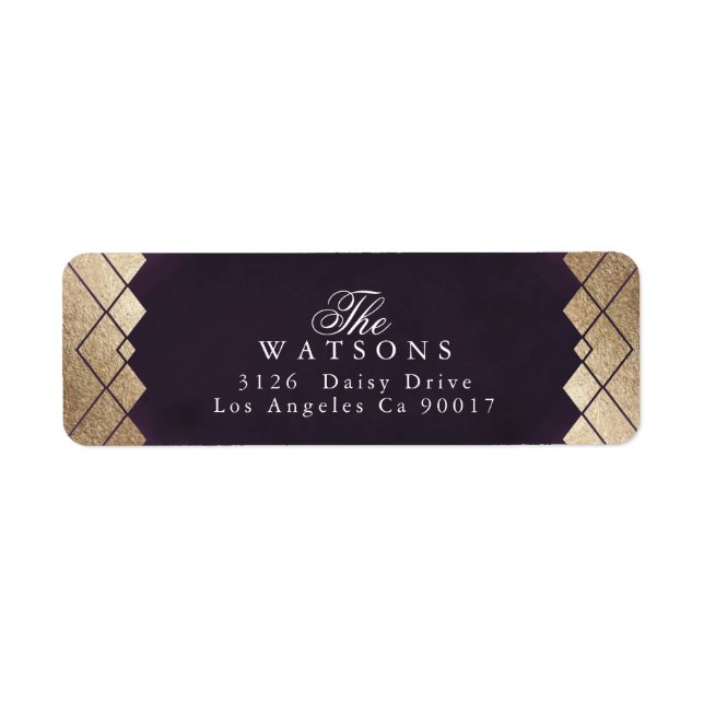 Geometric Purple Gold Gatsby Wedding Label (Front)