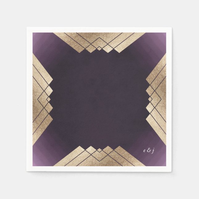 Geometric Purple Gold Gatsby Wedding Napkins (Front)