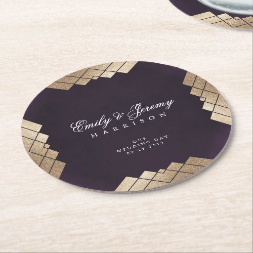 Geometric Purple Gold Gatsby Wedding Round Paper Coaster