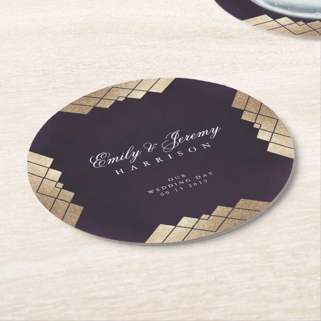 Geometric Purple Gold Gatsby Wedding Round Paper Coaster (Angled)