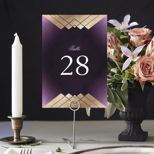 Geometric Purple Gold Gatsby Wedding Table Number