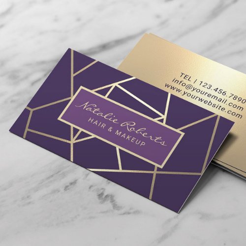 Geometric Purple  Gold Hair Stylist Beauty Salon Business Card