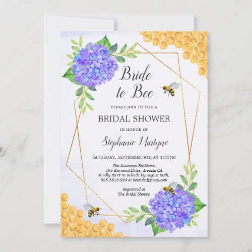 Geometric Purple Hydrangea Honey Bee Bridal Shower Invitation