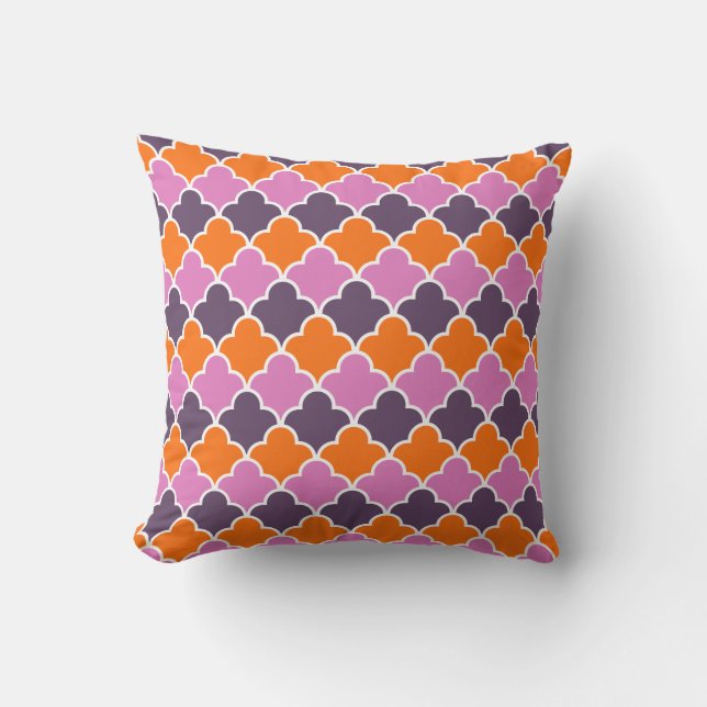 Geometric Purple Orange Pink Quatrefoil Pattern Throw Pillow (Front)
