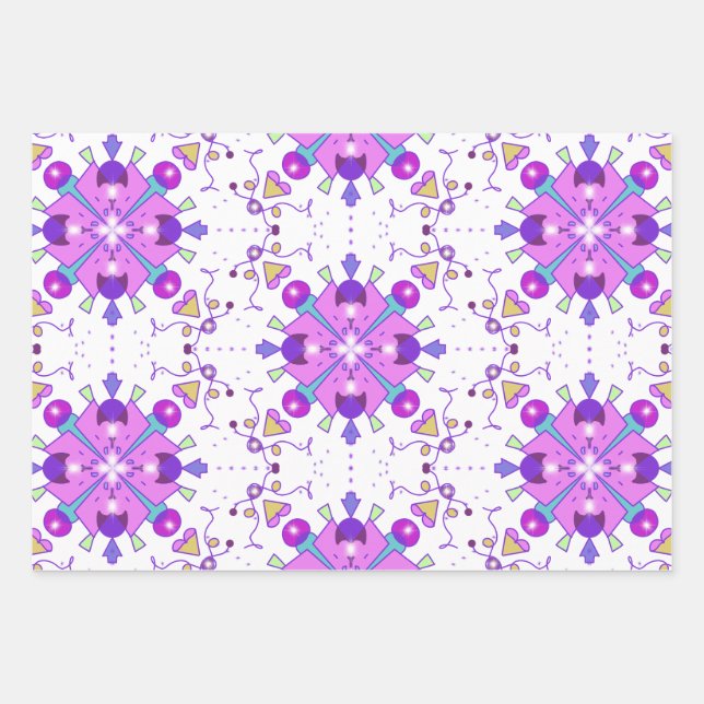 Geometric Purple Pink Blue Pattern Wrapping Paper Sheets (Front)