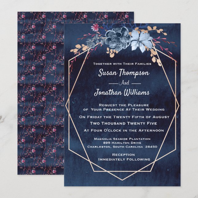 Geometric Purple Watercolor Floral Wedding Invitation (Front/Back)