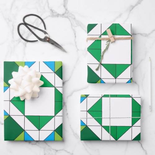 Geometric Quilt Star Mosaic Pattern Blue Green Wra Wrapping Paper Sheets