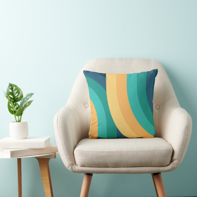 Geometric Rainbow Pattern in Navy Blue Teal Gold Throw Pillow (Chair)