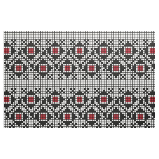 Geometric Red and Black Folk Romanian Motif Fabric