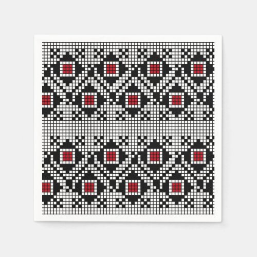Geometric Red and Black Folk Romanian Motif Napkins