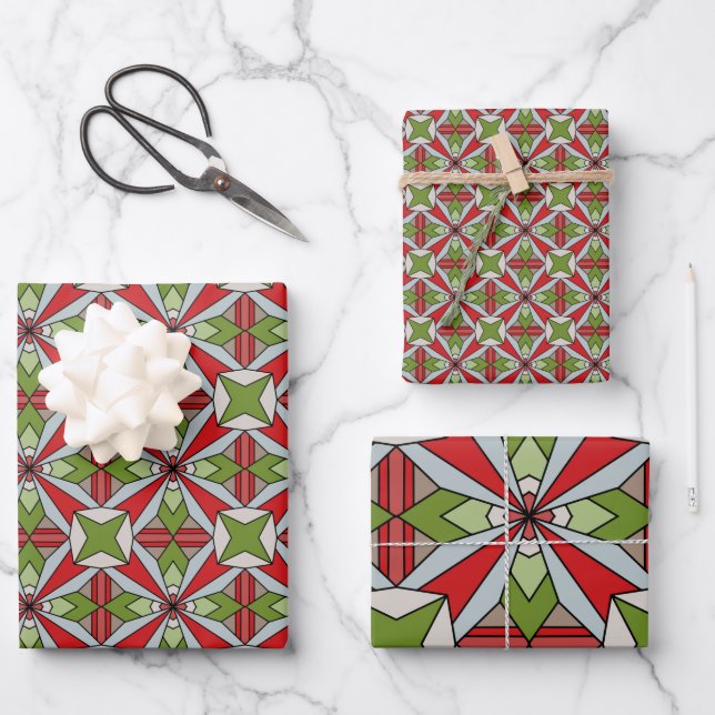 Geometric Red and Green Holiday Wrapping Paper Sheets (Front)