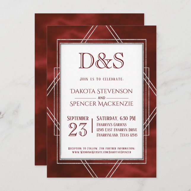 Geometric Red Art Deco | Modern Monogram Wedding Invitation (Front/Back)