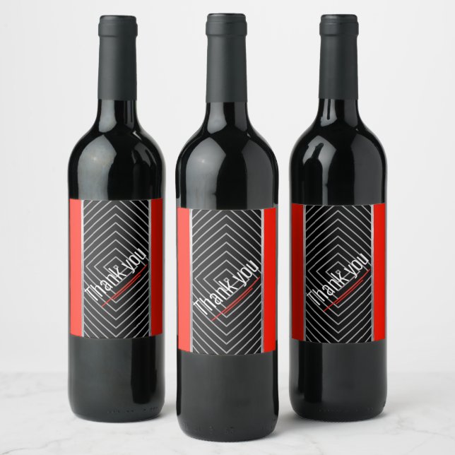 Geometric red, black, gray white stripes thank you wine label (Bottles)