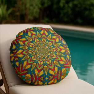Geometric Red Blue & Yellow Vintage Tribal Ethnic Round Pillow